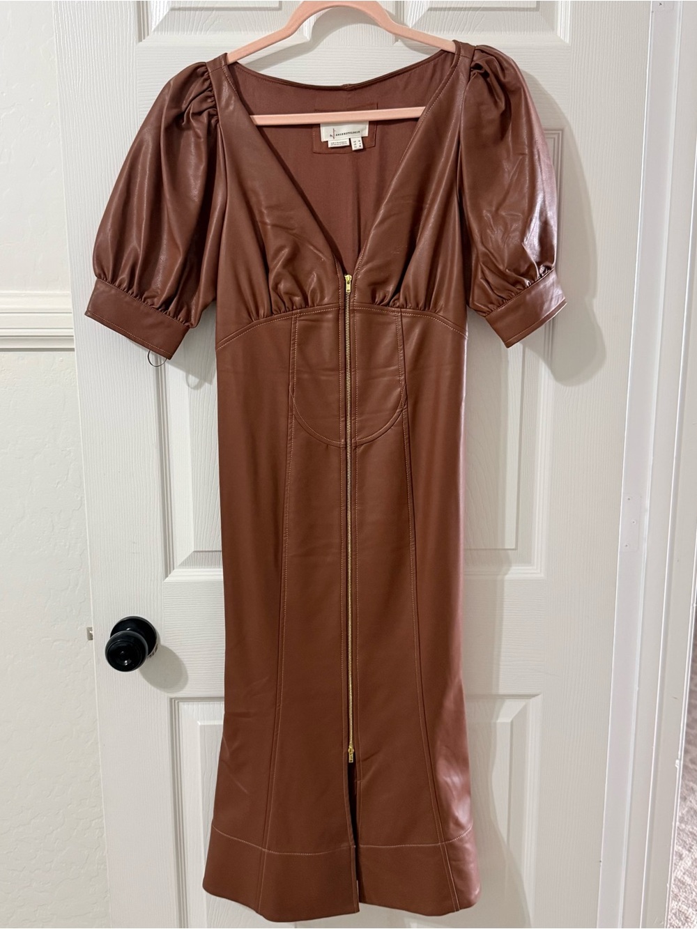 Anthropologie Brown Faux Leather Zip-Front Midi Dress with Puff Sleeves